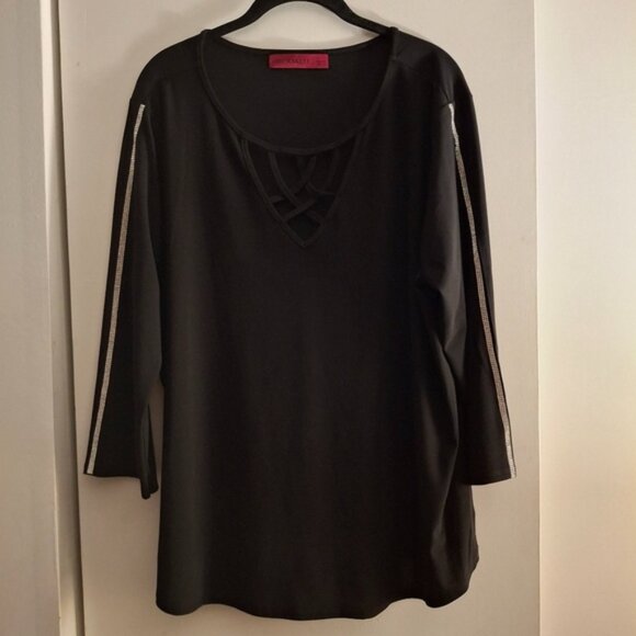 Love Scarlett women's Black Relaxed Cut Out Front Rhinestoned Sleeved Blouse - Picture 1 of 8